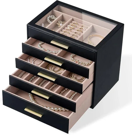 pickpiff Jewelry Box Organizer Case for Women: 5-Layer Jewelry Storage Case with Glass Window, Black Leather with Blush Velvet, Holder for Ring Necklace Bracelet Brooch Watch, Great Gift for Her - ModernBath
