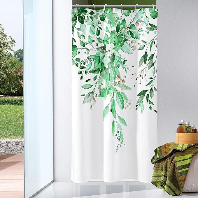 Gibelle Small Stall Shower Curtain 36 x 72, Narrow Emerald Green Floral Shower Curtain for Bathroom, Watercolor Plant Eucalyptus Leaves Fabric Shower Curtain Set - ModernBath
