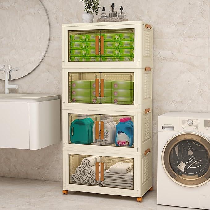 Plastic Stackable Storage Bins with Lids and Wheels, 358.4QT-89.6QT*4Tier Foldable Closet Organizers and Containers, Collapsible Clear Drawer Storage Cabinet with Doors Ivory White - ModernBath