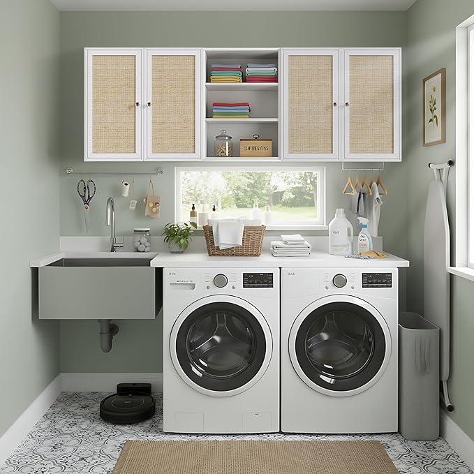 Kitchen Wall Cabinets,Rattan Wall Mounted Laundry Cabinets with Adjustable Shelf, Floating Hanging Storage Cabinet for Laundry Room, Bathroom, Kitchen,63" W x 11.8" D x 21.6" H - ModernBath