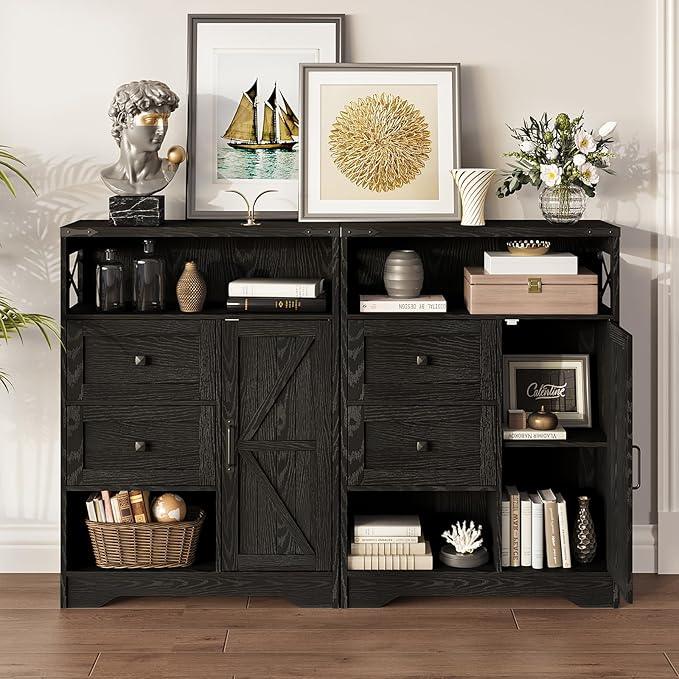 Fameill Farmhouse Storage Cabinet with 2 Drawers & Shelves,Freestanding Kitchen Cabinet with Doors,Floor Storage Organization for Living Room,Bathroom,Laundry,Black - ModernBath