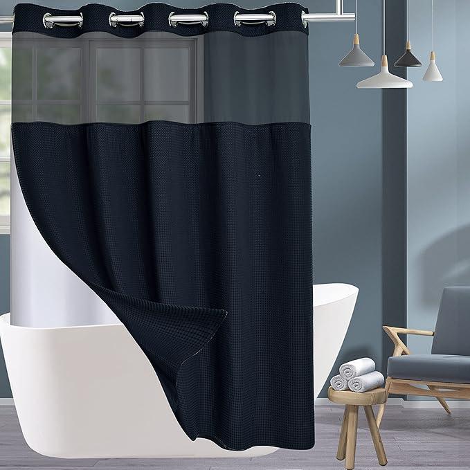 Conbo Mio Extra Long No Hook Waffle Weave Shower Curtain with Snap in Liner Set, Hotel Luxury Black Shower Curtains for Bathroom with See Through Top Window, Waterproof, Washable 71W x 84H - ModernBath