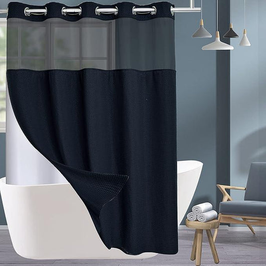 Conbo Mio Extra Long No Hook Waffle Weave Shower Curtain with Snap in Liner Set, Hotel Luxury Black Shower Curtains for Bathroom with See Through Top Window, Waterproof, Washable 71W x 84H - ModernBath