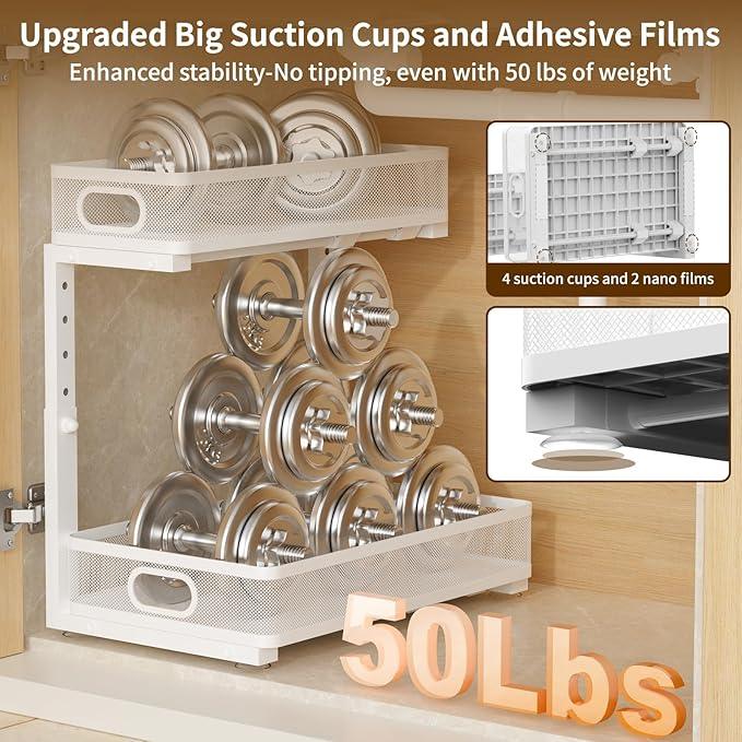 Under Sink Organizer 2 Pack, 2-Tier Slide Out Cabinet Organizer with Metal Sliding Drawer and Hooks, Pull Out Storage Baskets for Kitchen Bathroom Pantry Cabinet Organization (White) - ModernBath
