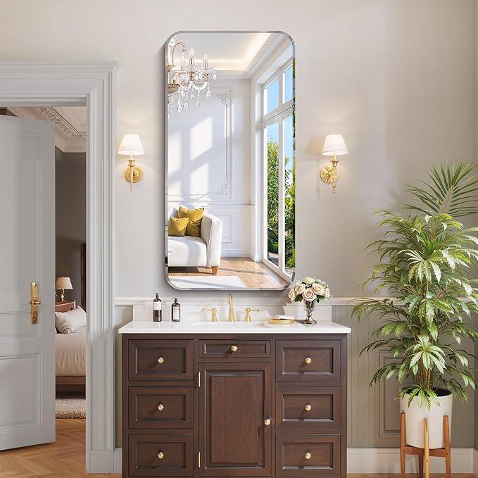 CILIBER Frameless Mirror, 24x48 Beveled Bathroom Mirror Rounded Corner, Frameless Wall Mirror Shatterproof Tempered Glass Lightweight Design for Bedroom Living Room Entryway - ModernBath