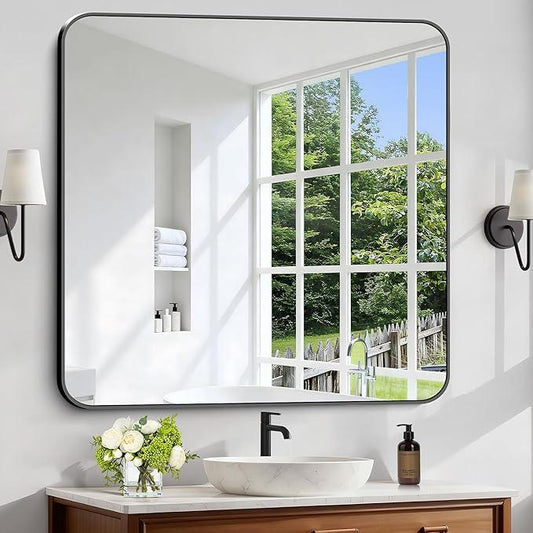 CIVENO Black Bathroom Mirror, 38x40 inch Aluminum Metal Frame Rectangular Vanity Mirror, Large Wall Mounted Rectangle Mirrors with Rounded Corner for Over Sink Bedroom Living Room Horizontal/Vertical - ModernBath