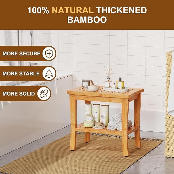 Bamboo Shower Bench Stool with Storage Shelf Waterproof Shower Chair Spa Bath Seat First Apartment Essentials New Home Must Haves Things Stuff Accessories House Warming Hostess Host - ModernBath