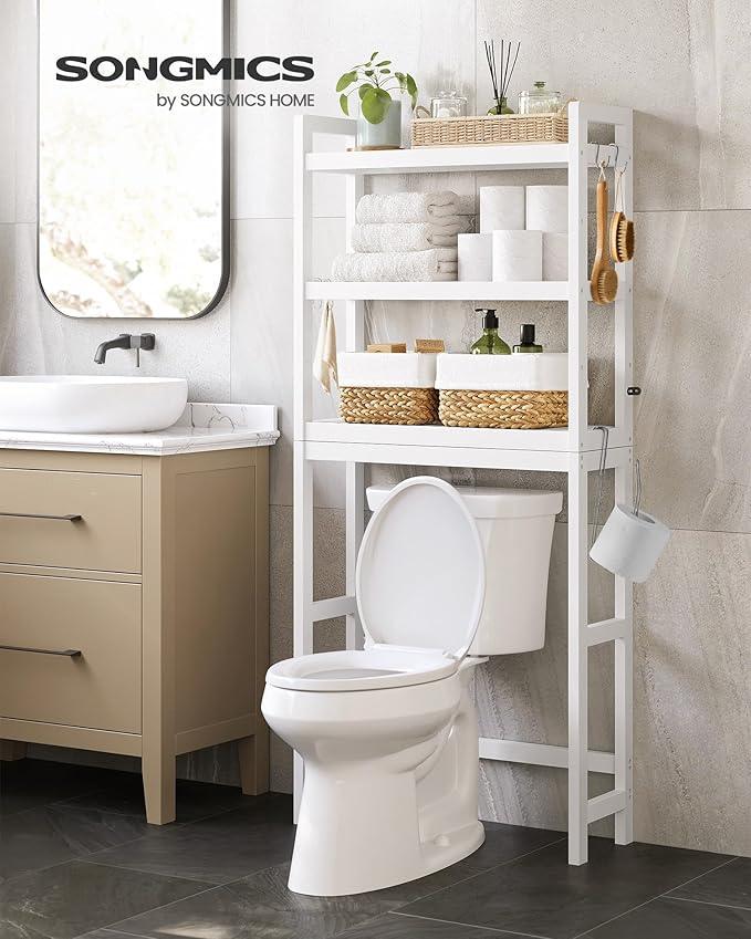 SONGMICS Over The Toilet Storage, 3-Tier Over Toilet Bathroom Organizer with Adjustable Shelf, 10.2 x 24.8 x 66.9 Inches, Space-Saving, Cloud White UBTS01WT - ModernBath