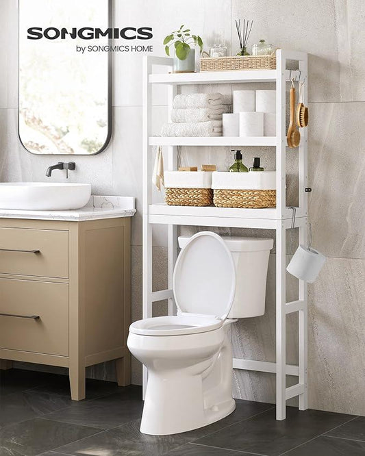 SONGMICS Over The Toilet Storage, 3-Tier Over Toilet Bathroom Organizer with Adjustable Shelf, 10.2 x 24.8 x 66.9 Inches, Space-Saving, Cloud White UBTS01WT - ModernBath