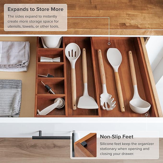 KitchenEdge Adjustable Kitchen Drawer Organizer for Utensils and Junk, Food-Safe Contract Grade with 100% Sustainable Wood, Non-Slip, Expandable from 10.5 to 18.5 Inches Wide - Natural Acacia - ModernBath