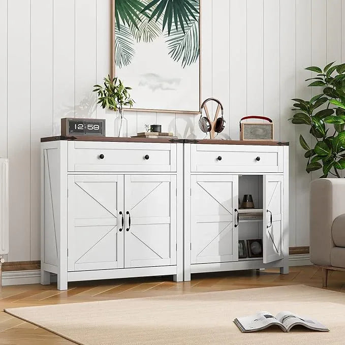 Farmhouse Storage Cabinet with 2 Doors, White Kitchen Cabinet with Walnut Countertop, Freestanding Floor Storage Cabinets Hutch Cupboard - ModernBath