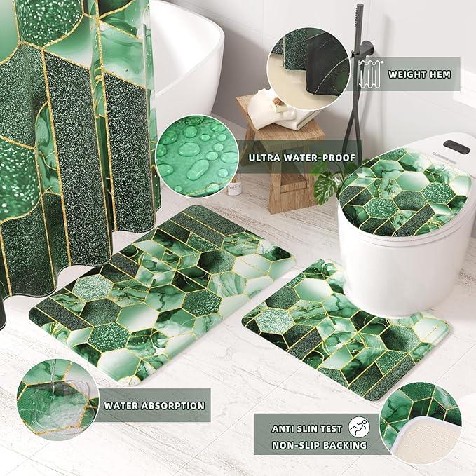 XLHOMO Bathroom Sets with Shower Curtain and Rugs - 4PC Green Geometric Shower Curtain Set with 12 Hooks, Toilet Cover, U-Shaped Mat and Rugs Modern Abstract Bathroom Accessories for Bathroom - ModernBath