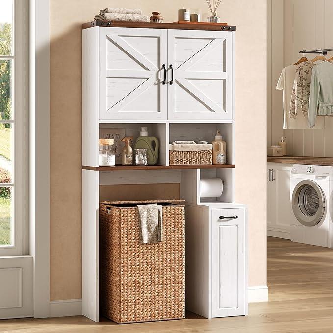 Farmhouse Over The Toilet Storage Cabinet with Pulley Small Bathroom Storage Cabinet, Space Saver W/Adjustable Shelf & Open Shelf for Bathroom, Restroom, Laundry (White Brown-Type B) - ModernBath