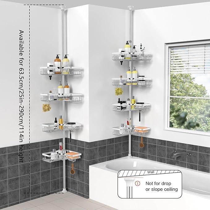 KEGII Corner Shower Caddy Tension Pole - Chrome 4-Tier Adjustable Shower Tension Rod Organizer with Hooks & Soap Holders, 25-114.2 Inch Stainless Steel Shower Storage Rack for Renters & Family - ModernBath