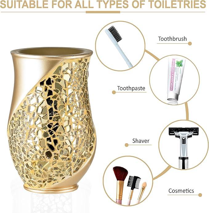 Zahari Home 4pc Sinatra Stylish Bathroom Accessories Set Champagne Gold Soap Dispenser Pump, Tumbler, Tooth Brush Holder and Soap Dish Modern Decor Bling Mosaic Glass Gold Bathroom Accessories - ModernBath
