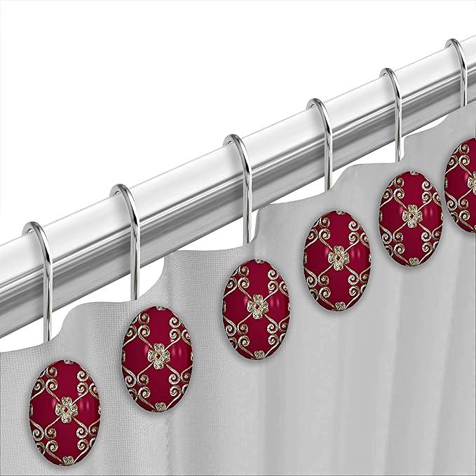 Zahari Home 13pc Elegant Rose Bathroom Shower Curtain Sets Elegant Shower Curtain & 12 Shower Curtain Rings Contemporary Decor Burgundy Shower Curtain Unique Design Stylish Shower Accessories - ModernBath