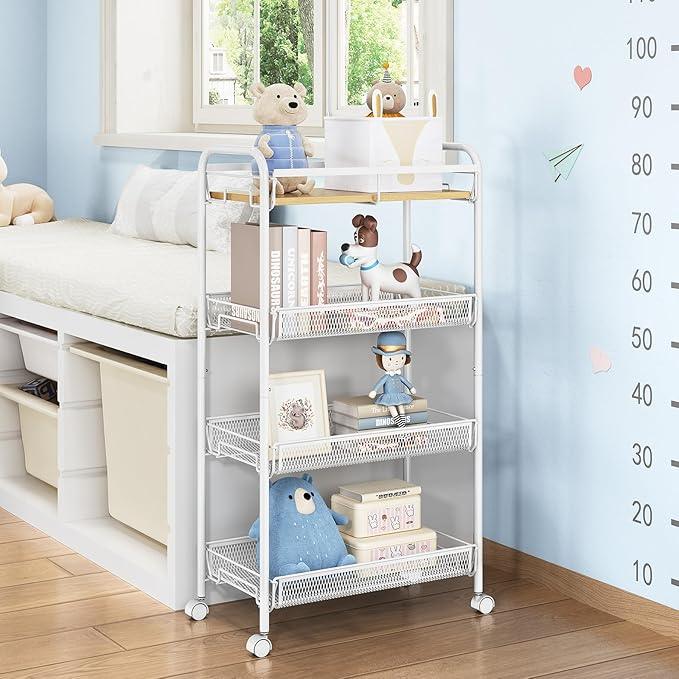 TOOLF 4-Tier Rolling Cart, Metal Utility Cart, Slide Out Storage Cart with Wooden Tabletop and Mesh Baskets, Easy Assemble Trolley for Kitchen Bathroom Laundry Room Bedroom Apartments Dormitory - ModernBath