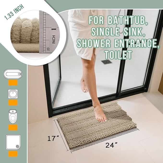 Yimobra Bathroom Rug Mat, Non Slip and Super Absorbent Bath Mat, Machine Washable Quick Dry, Ultra Plush Chenille Shower Rugs for Bathroom Floor Sink Tub and Shower Outside, Camel， 24 x 17 - ModernBath