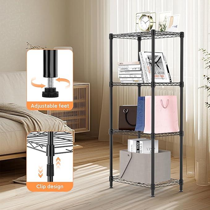 4 Tiers Shelf Metal Storage Shelves Wire Rack Closet Organizers with Wheel for Garage Kitchen Bathroom Laundry Black 11.8" D x 17.7" W x 41.9" H - ModernBath
