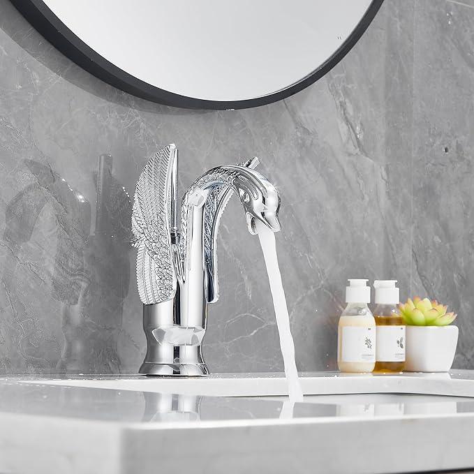 GGStudy Chrome Bathroom Faucet Swan Shape Single Handle One Hole Bathroom Vanity Faucet Basin Tap Deck Mount Lavatory - ModernBath