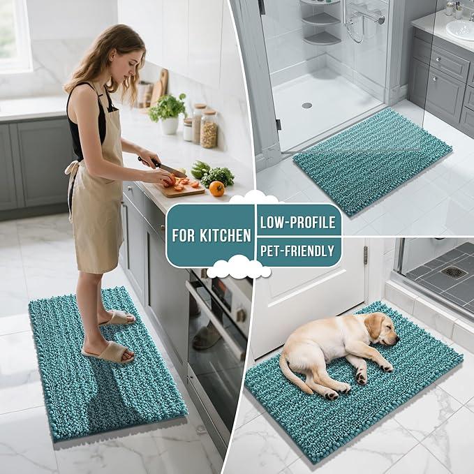 Yimobra Bathroom Runner Rug 55x24 Inch - Extra Long Non Slip Chenille Bath Mat, Soft & Absorbent, Machine Washable Shaggy Hallway Carpet for Vanity Tub Shower, Teal Blue Home Decor Accessories - ModernBath