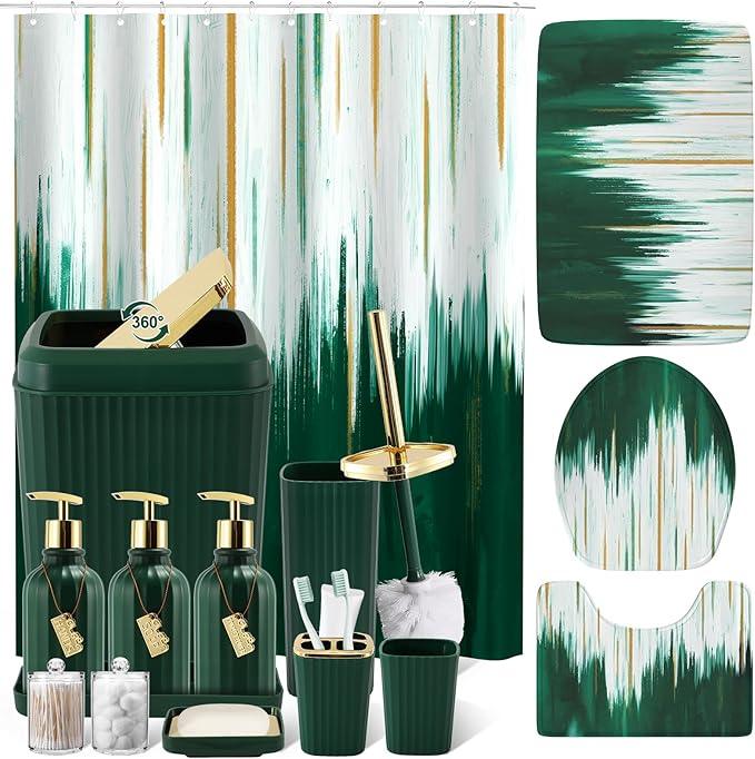WSBArt 32PCS Bathroom Sets with Shower Curtain and Rugs-Dark Green Bathroom Accessories,Non Slip Bathroom Rugs Set with Toilet Lid Cover, Waterproof Shower Curtain, 3PC Soap Dispenser with Trash Can - ModernBath