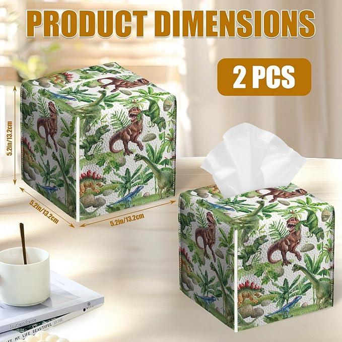 Dinosaur Tissue Box Cover 2PCS, Leather Tissue Box Holder Square Facial Paper Case Tissue Box Cube Organizer for Bathroom Bedroom Desk Office - ModernBath