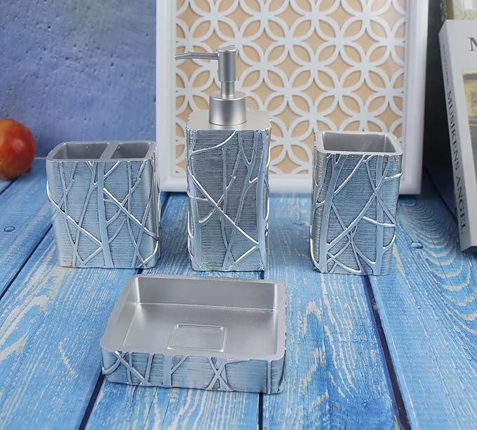 Hymmah Silver Bathroom Accessories Set,Toothbrush Holder,Farmhouse Bathroom Decor,4 Pcs Resin Gift Set Apartment Necessities, Contain Toothbrush Cup,Soap Dispenser,Soap Dish,Tumbler - ModernBath
