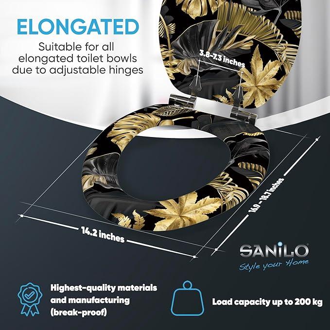 SANILO Wooden Toilet Seat with Soft Close [ELONGATED] - Decorative, Quiet & Slow Close Molded Wood Seat - With Strong Bumpers & Hinges - Adjustable Fit - Golden Leaves - ModernBath
