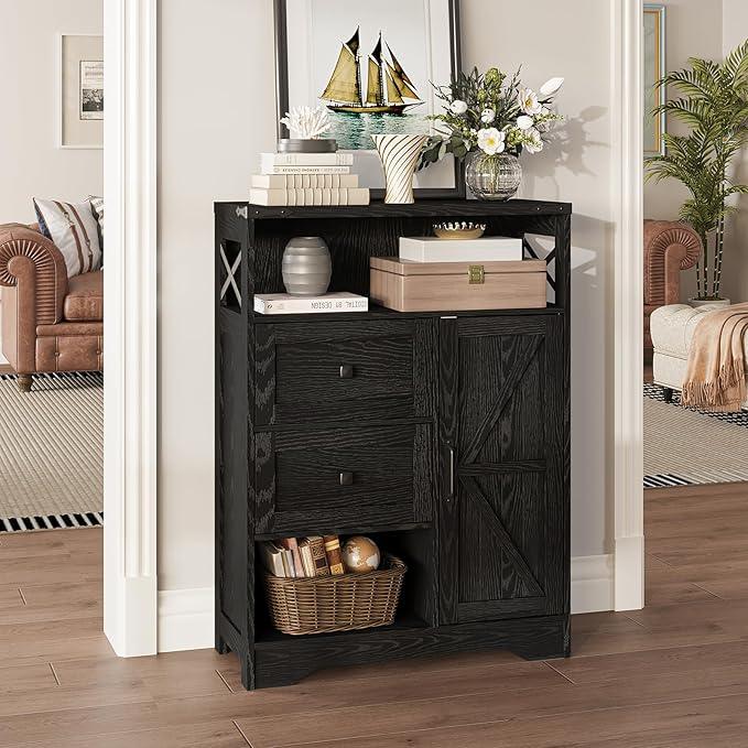 Fameill Farmhouse Storage Cabinet with 2 Drawers & Shelves,Freestanding Kitchen Cabinet with Doors,Floor Storage Organization for Living Room,Bathroom,Laundry,Black - ModernBath