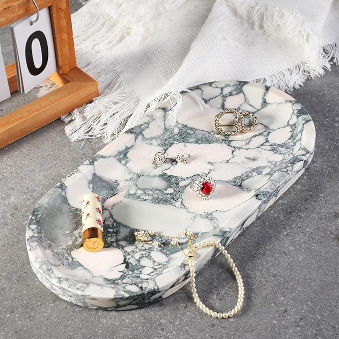 Koville Natural Marble Tray for Bathroom Countertop, Marble Vanity Trays for Perfume, Cosmetics, Jewelry, Decorative Tray for Dresser Organizer, Stone Storage Trays for Bathroom Decor(Grey) - ModernBath