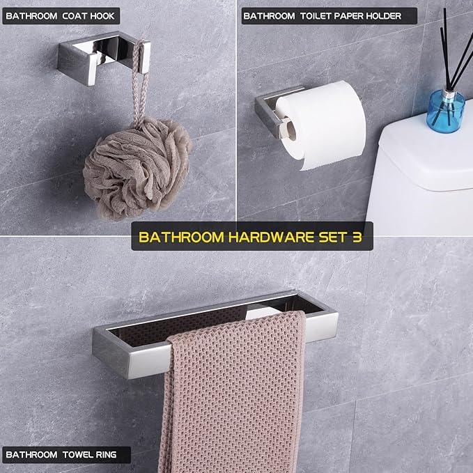 GERZWY 3-Piece Bathroom Accessory Set SUS 304 Stainless Steel Toilet Paper Holder Towel Ring Towel Hooks Wall Mount, Polished Finish HG1708-3JG - ModernBath