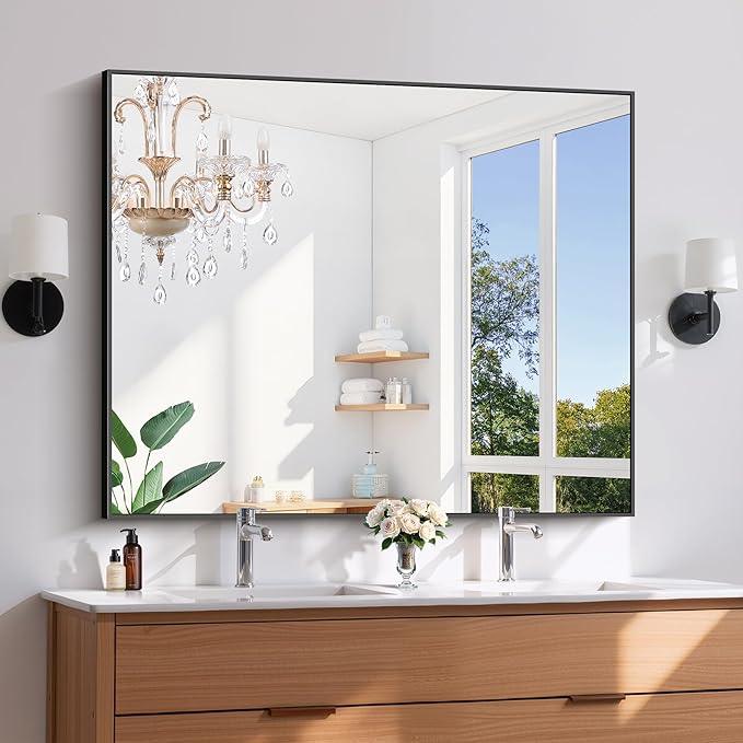 KOCUUY Black Bathroom Mirror, 40"x48" Large Rectangular Mirror with Metal Frame, Black Vanity Mirror with Modern Design for Bathroom, Living Room, Entryway, Hang Horizontal/Vertical - ModernBath