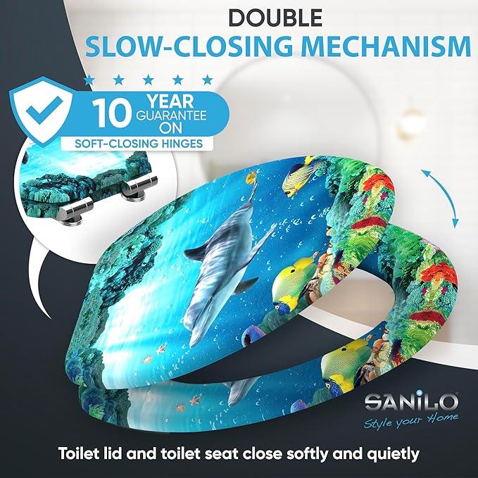 SANILO Wooden Toilet Seat with Soft Close [ELONGATED] - Decorative, Quiet & Slow Close Molded Wood Seat - With Strong Bumpers & Hinges - Adjustable Fit - Dolphin - ModernBath