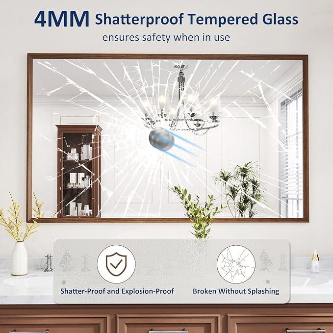 WEER 60X36 Inch Framed Bathroom Mirror, Walnut Rectangular Framed Mirror, Large Wall Mounted Vanity Mirror, Wood Grain Farmhouse Mirror, Tempered Glass, Anti-Rust, Horizontal or Vertical - ModernBath