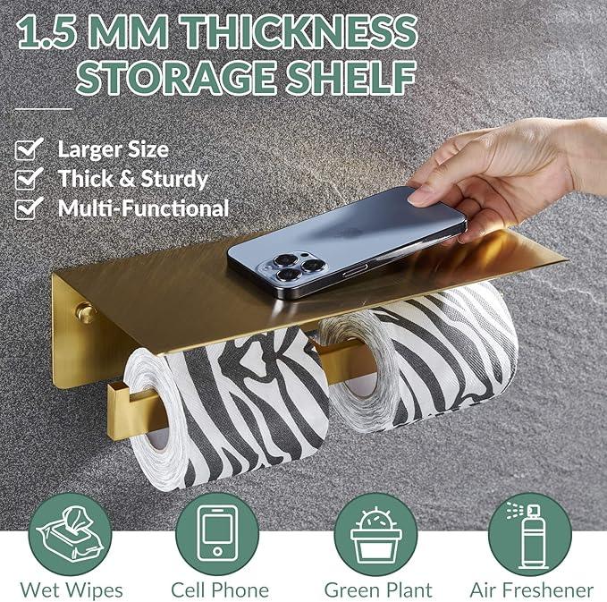 APLusee Brushed Gold Double Toilet Paper Holder with Shelf, Heavy Duty 304 Stainless Steel Tissue Holder for Bathroom with Storage, Commercial Paper Roll Dispenser Wall Mounted - ModernBath