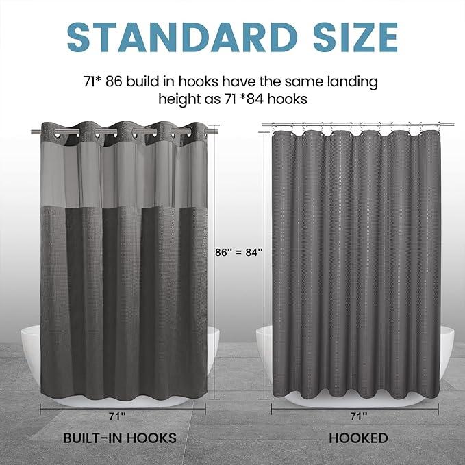EUTXL Charcoal Grey Long No Hook Shower Curtain with Snap in Liner,230GSM Waffle Weave Shower Curtains for Bathroom,71W x 86H - ModernBath