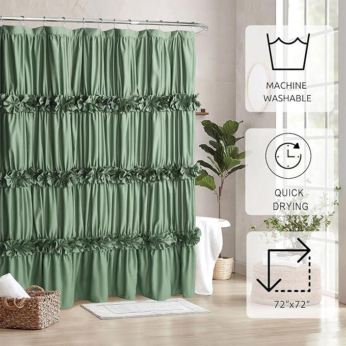 Homechoice Decor Light Green Ruffle Shower Curtain, Vintage Handcrafted Bow Tie Bath Curtain for Master Bathroom, Ruched Microfiber Bathroom Curtain with 12 Buttonholes, 72" W x 72" H (LQ-10) - ModernBath