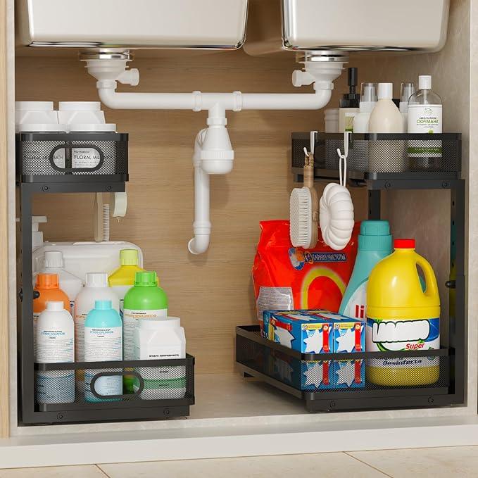 Under Sink Organizer 1 Pack, 2-Tier Slide Out Cabinet Organizer with Metal Sliding Drawer and Hooks, Pull Out Storage Baskets for Kitchen Bathroom Pantry Cabinet Organization (Black (1 pack)) - ModernBath