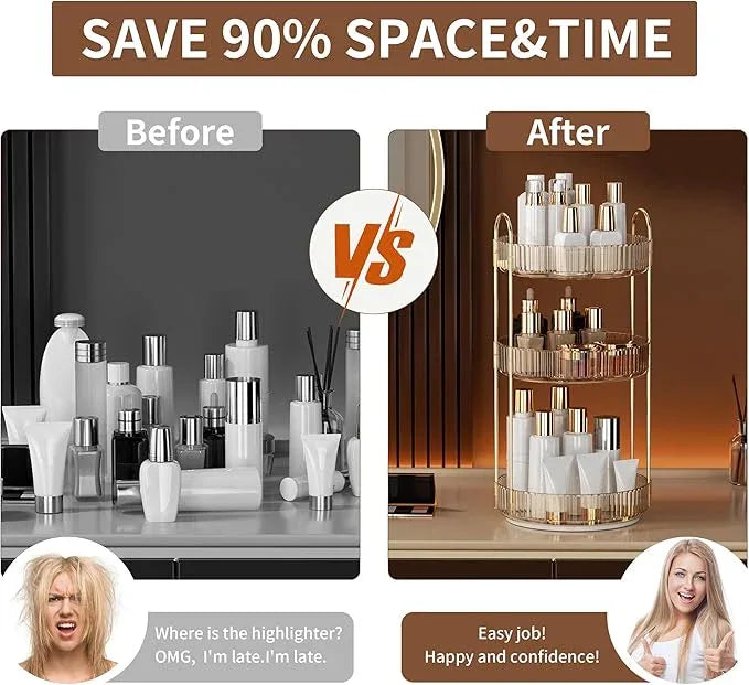 YCIA&DONE 360 Rotating Makeup Organizer and Storage for Vanity Countertop 3 Tiers, High Capacity Cosmetic Skincare Perfume Organizers for Dresser Bathroom Lazy Susan (Amber Gold) - ModernBath