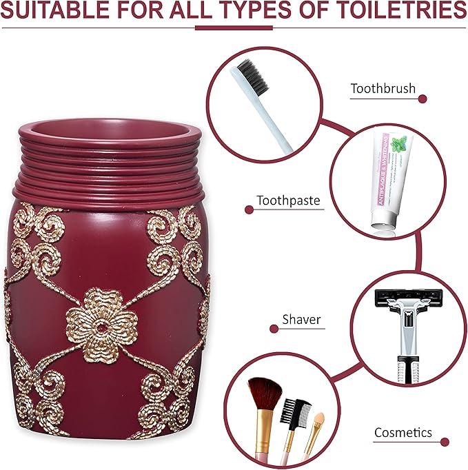 Zahari Home 4pc Elegant Rose Burgundy Bathroom Set Classic Bathroom Lotion Dispenser, Tumbler, Toothbrush Case and Bar Soap Holder Modern Uunique Design Burgundy Red Bathroom Accessories - ModernBath