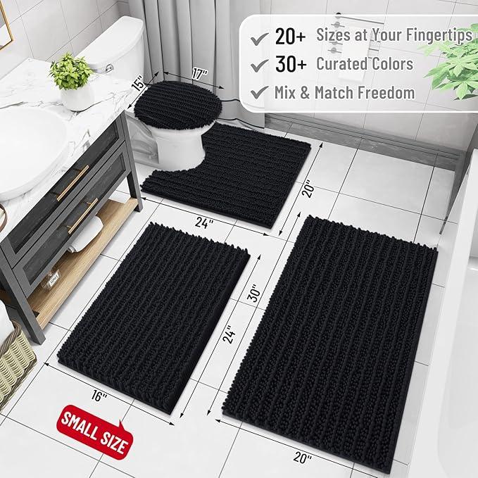 Arotive Luxury Chenille Bathroom Rug Mat, Extra Soft Thick Absorbent Shaggy Bath Rugs, Non-Slip Machine Wash Dry, Plush Bath Mats for Bathroom, Shower and Tub, 45x27, Black - ModernBath