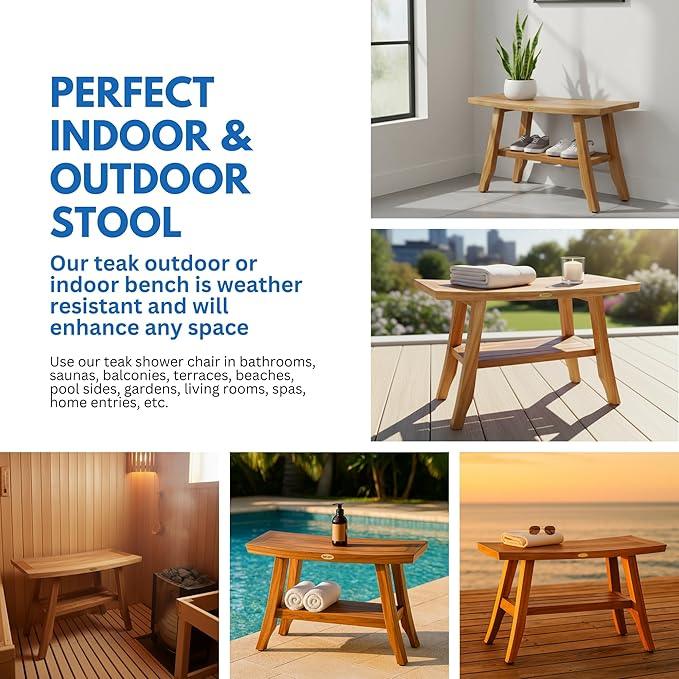 EcoDecors 28" Satori Teak Shower Bench –Bath Seat, Natural Wood Finish Water-Resistant Spa Bench | Slatted Design & Adjustable Feet for Indoor Outdoor Use | Sturdy & Safe - ModernBath