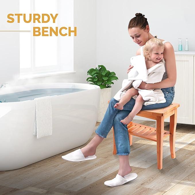 Bamboo Shower Bench - Small Wooden Shower Stool with Storage Shelf, Non-Slip Bathroom Seat, Spa Decor Bath Bench, Foot Rest Shaving Stool for Shower, Indoor Outdoor Use, Great Gift Idea (17" x 9 x 17) - ModernBath