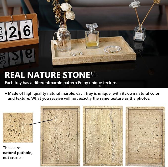 Zilukar Real Natural Travertine Tray for Bathroom, Vanity, Kitchen and Desktop, Rectangle Genuine Travertine Stone Tray for Jewelry, Cosmetics, Candles, Lotion, Perfume and Home Decor - ModernBath