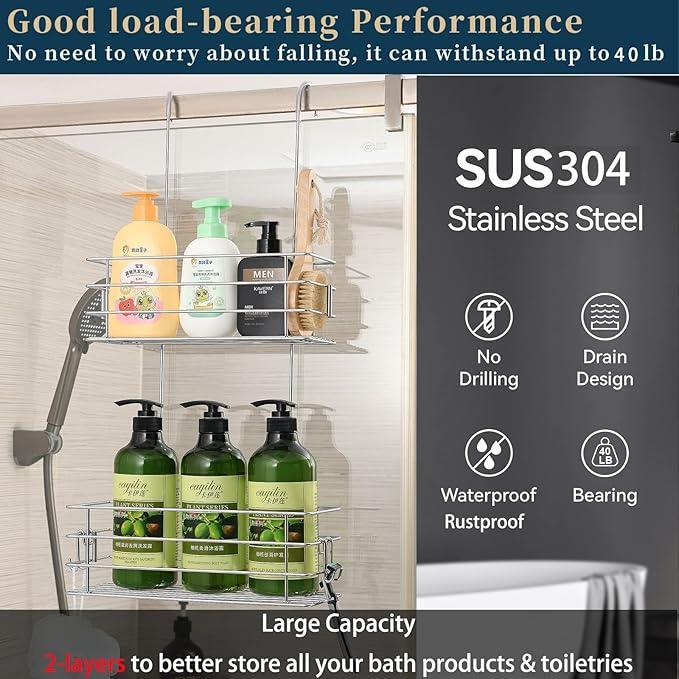 Seltomer Hanging Shower Rack Shower Caddy with Rotatable Hook bar Over the Door and Can be Hung on the Faucet or Claw Foot, 304 Stainless Steel Rust Proof and Durable (Double-Layer) - ModernBath