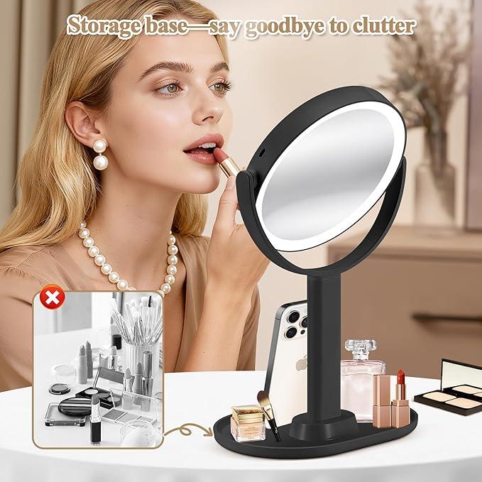 MOMOKUBA Makeup Mirror with Lights, Double Sided 1x/30x Magnifying Mirror with Light, Rechargeable 3 Color Lights and Adjustable Brightness, 360° Rotation Detachable Comes with Tweezer(Black) - ModernBath