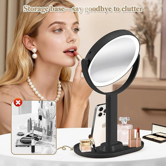 MOMOKUBA Makeup Mirror with Lights, Double Sided 1x/30x Magnifying Mirror with Light, Rechargeable 3 Color Lights and Adjustable Brightness, 360° Rotation Detachable Comes with Tweezer(Black) - ModernBath