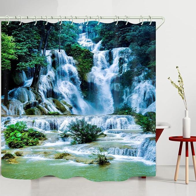 LYFANS Shower Curtains Waterproof Polyester Fabric,Large Width Bright Partition Curtain with Waterfall Pool Print,Shower Curtain Liner for Bathtub Bathroom with 12 White Hooks （72 x72 inches） - ModernBath