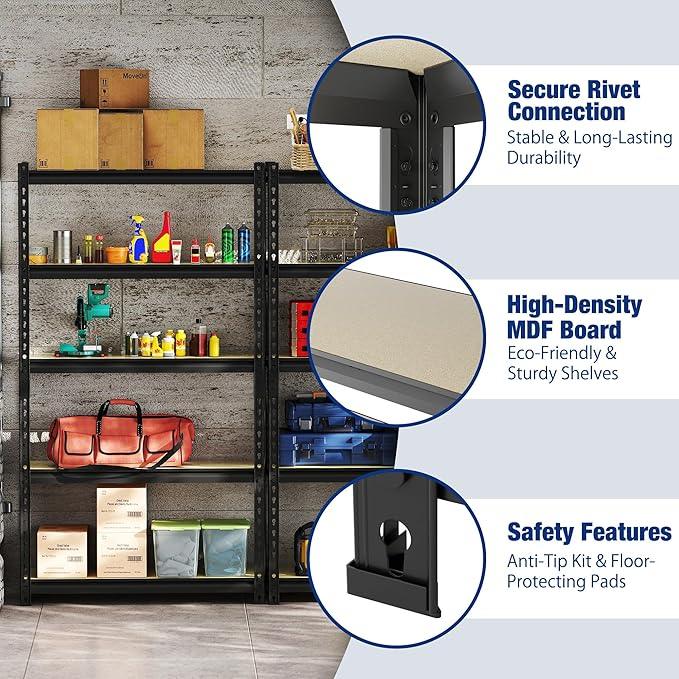 WORKPRO 5-Tier Storage Shelf, 72" H Heavy Duty Adjustable Garage Shelving Unit 2180LBS Capacity, for Basement, Kitchen, Pantry, 35.4”Wx15.7”Dx72”H, Black - ModernBath